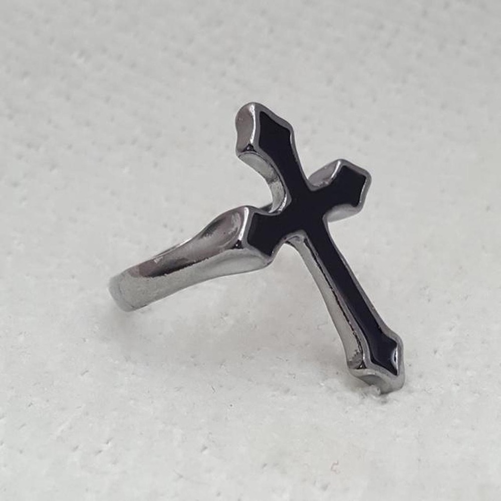 Silver Black Enamel Big Cross Punk Ring For Men Women Ring Size - 8